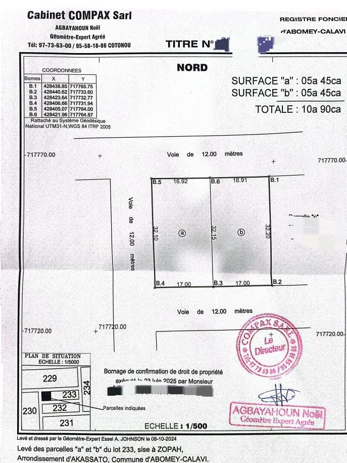 CALAVI ZOPAH Parcelle à vendre 1086m² avec TF